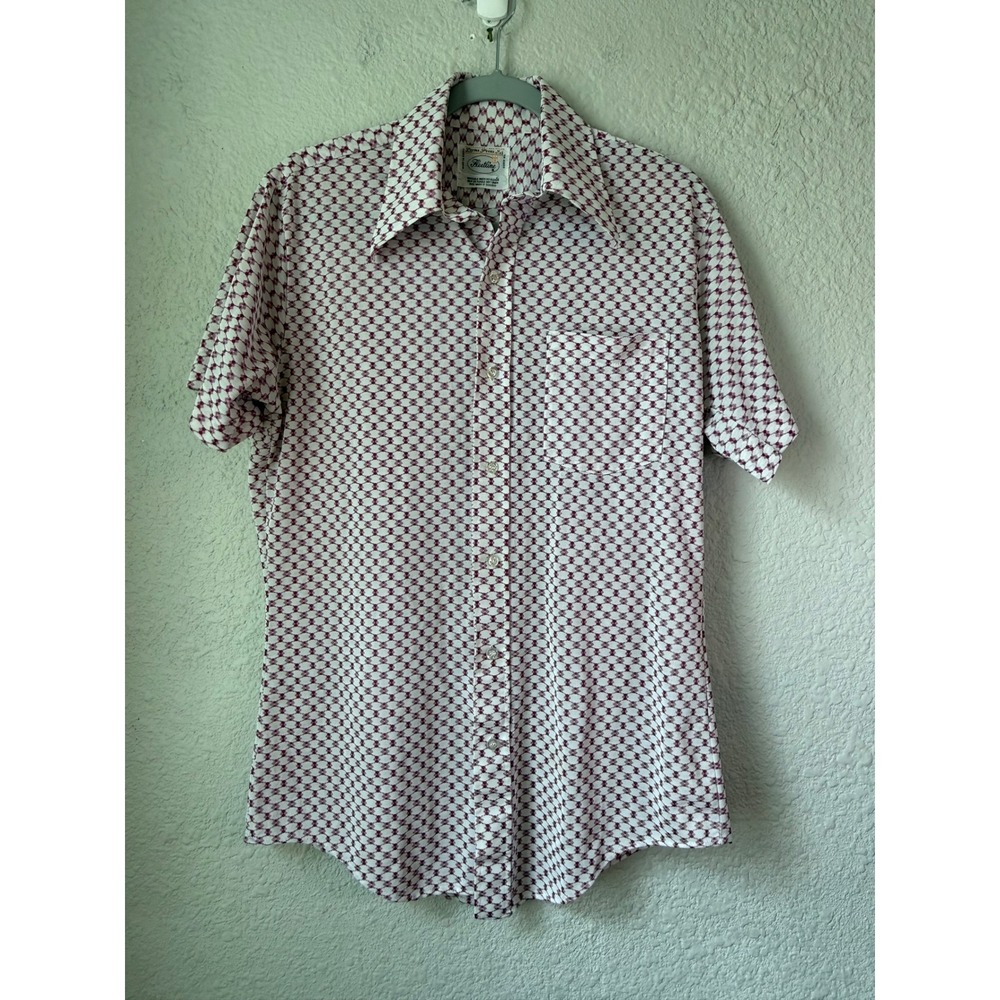 Vintage 1970s Fleetline Perma‎ Press Shirt Men's Medium Burgundy Geometric Disco